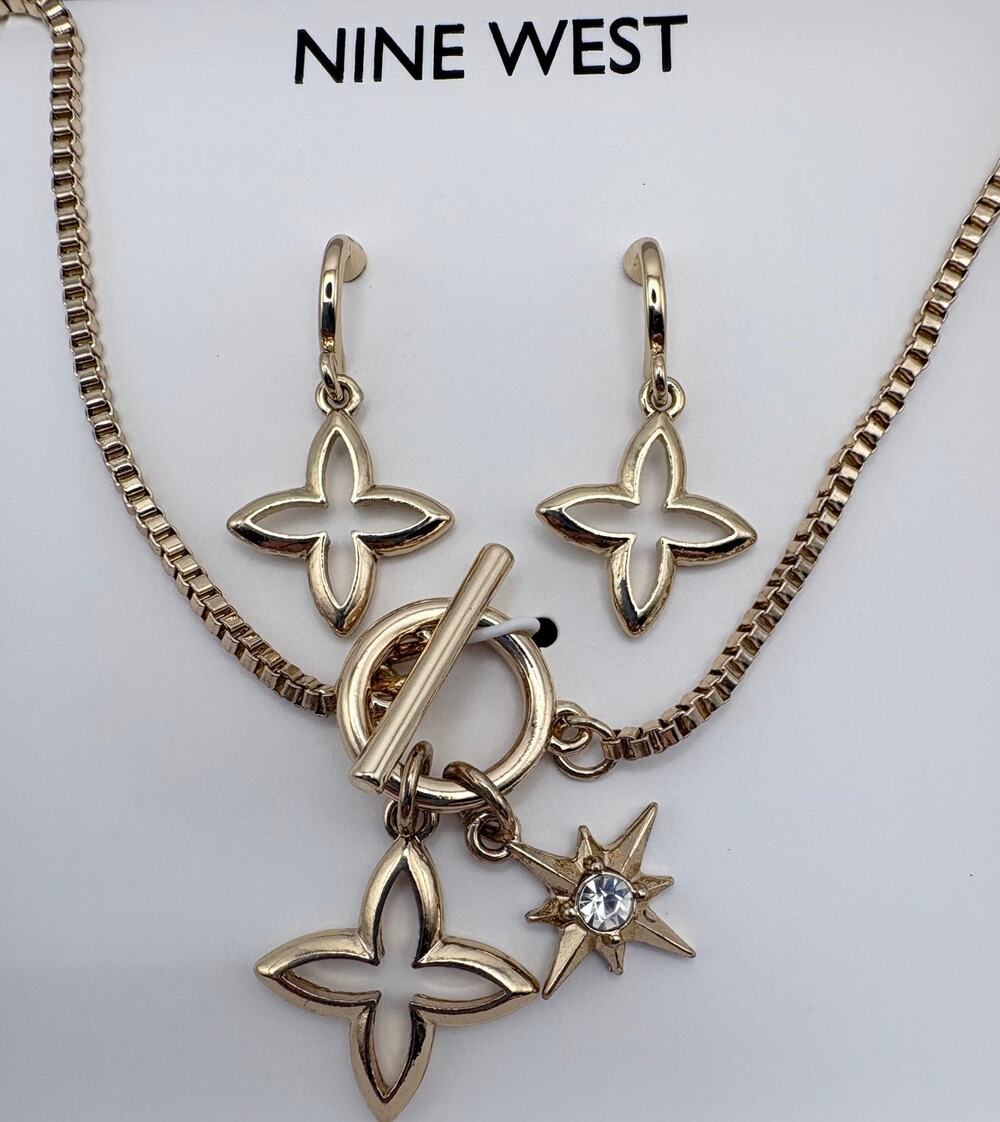 Nine West Goldtone Quatrefoil Charm Toggle Necklace & Drop Earrings Set Boxed
